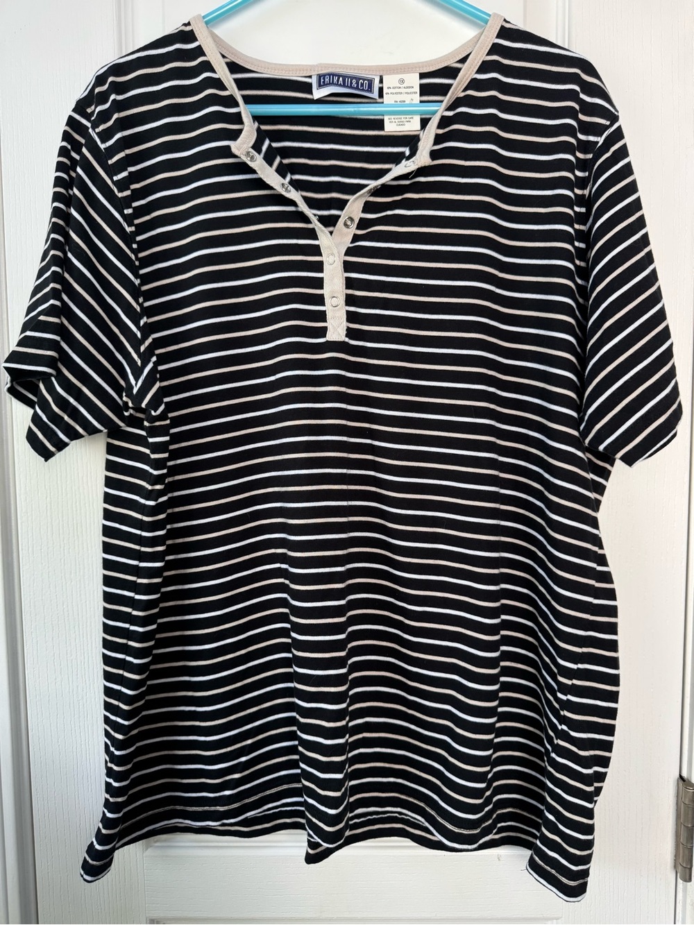 Vintage Erika & CO Black, White & Cream Striped Henley Short Sleeve Tee